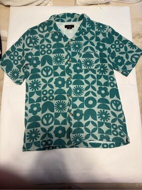Cotton On Teal Geometric Floral Short-Sleeve Button-Down Shirt